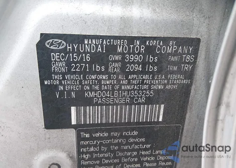 2017 Hyundai Elantra Sport z USA, uszkodzony, nr VIN KMHD04LB1HU353255